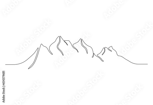  Continuous single line drawing of mountain landscape simple line mountain range landscape drawing. Isolated on white background vector illustration. Pro vector.