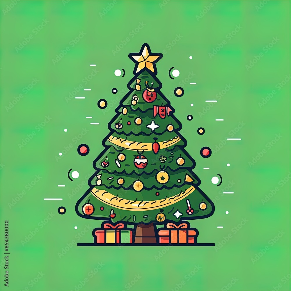 Naklejka premium Christmas green decorated tree. Flat style vector illustration isolated on clear background