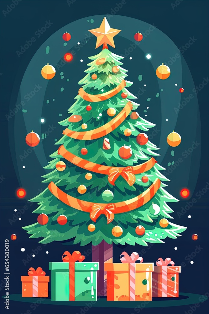 Fototapeta premium Christmas green decorated tree. Flat style vector illustration isolated on clear background