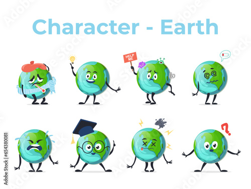 Earth planet cute character set emoticon sick ill idea pollution charge off tired isometric vector