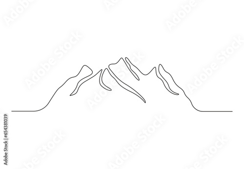 Mountains landscape in single line drawing mounts with high peak in simple linear style vector illustration. Adventure winter sports climbing and outdoor tourism concept. Premium vector.