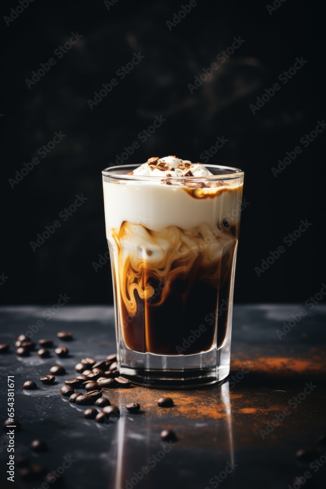Iced milk coffee on moody background. Iced milk coffee on moody background.