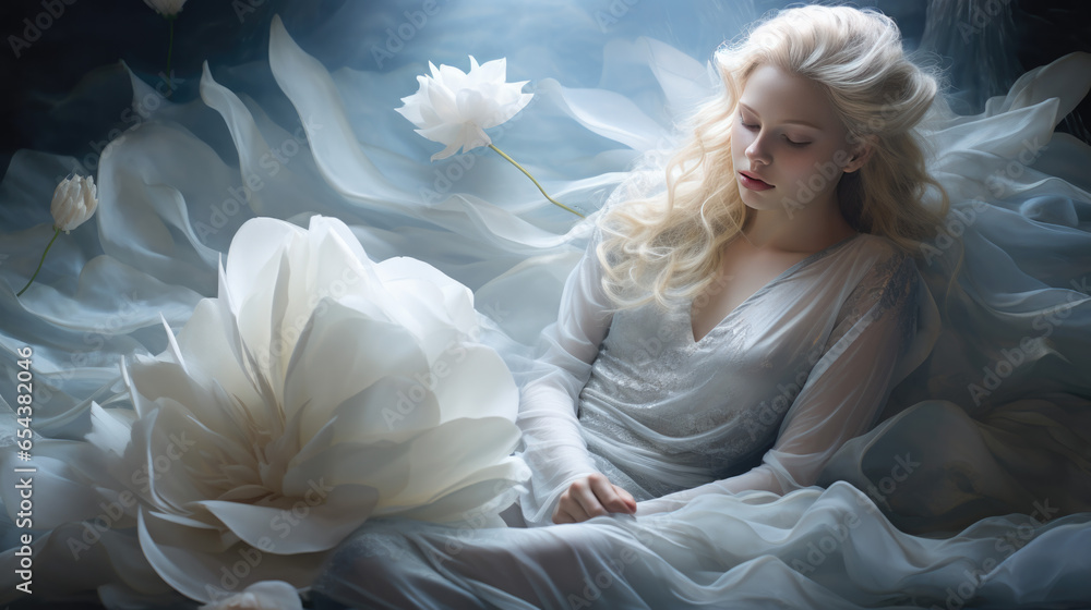 a woman in a white dress and a big flower a woman in a white dress and a big flower