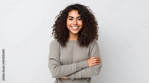 Young Brazilian woman cross arms isolated background looking to the side and smiling