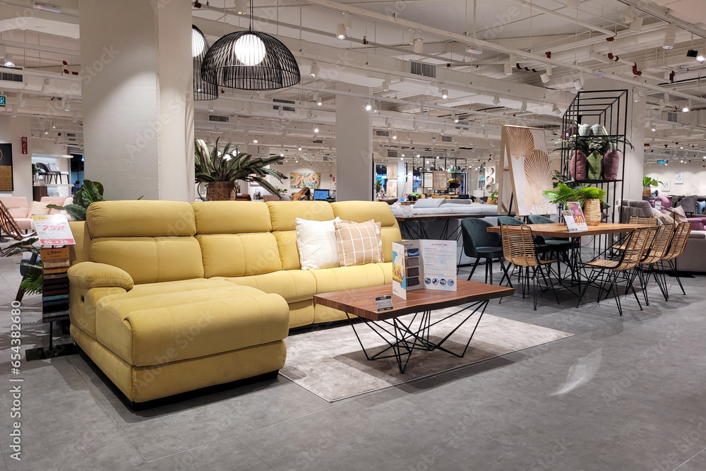 PENANG, MALAYSIA 24 SEP 2023 Interior view furniture department in Harvey Norman store Penang