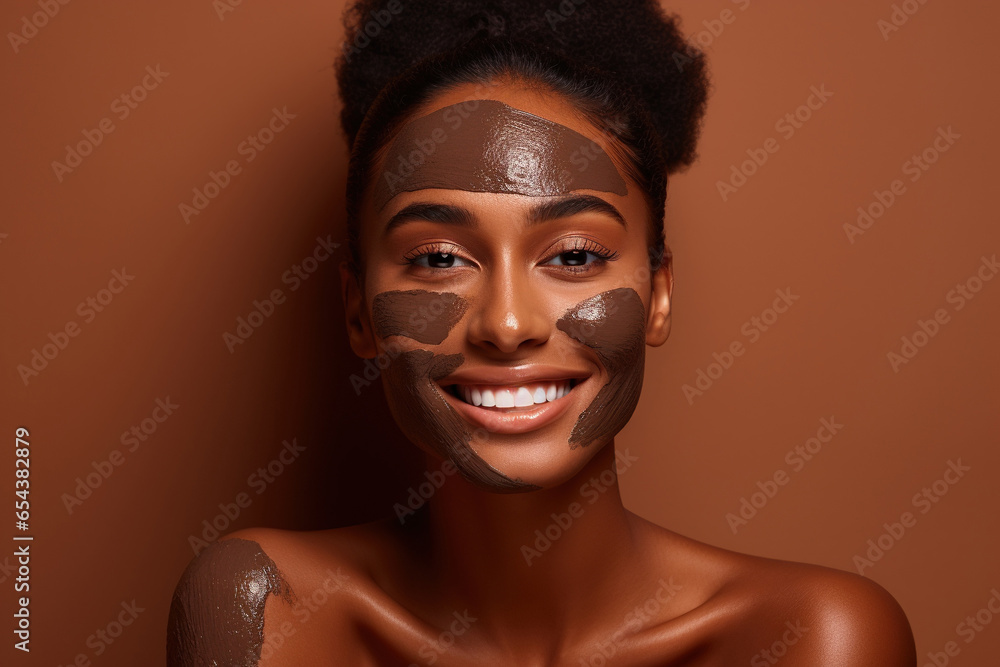 Dark skinned woman with face skin applies nourishing clay mask for rejuvenation does anti wrinkle procedures isolated on brown background