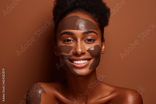 Dark skinned woman with face skin applies nourishing clay mask for rejuvenation does anti wrinkle procedures isolated on brown background