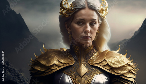 Young Queen of a dark fantasy world, golden armor, blonde, worried