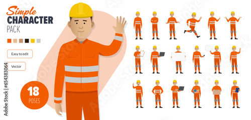 Simple flat construction maintenance worker vector character in a set of multiple poses. Easy to edit and isolated on a white background. Modern trendy style character mega pack with lots of poses.