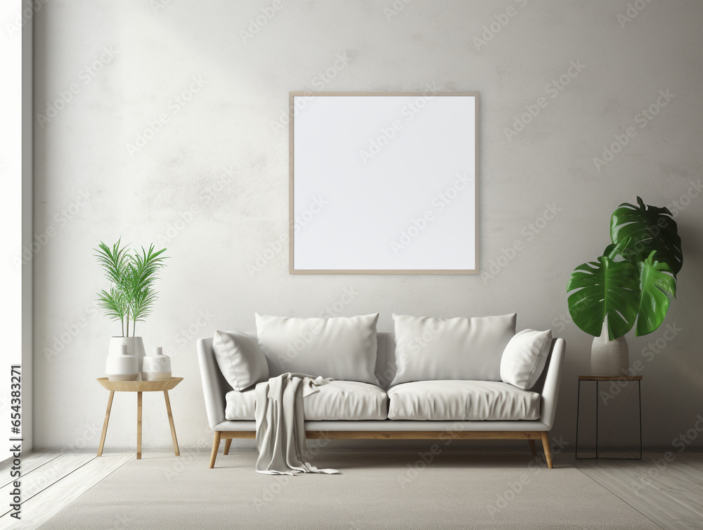 Illustration of background living space with empty poster frame in wall. Minimalist concept interior design.  