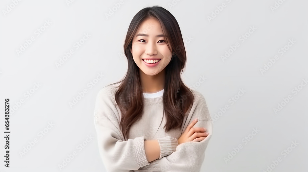 Young asian woman cross arms isolated background and smiling. Young asian woman cross arms isolated background and smiling.
