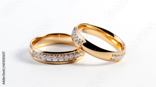 Two wedding rings isolated on white background close up, AI Generated illustration
