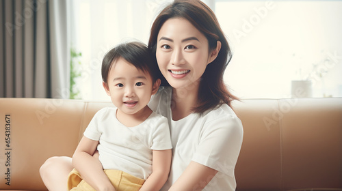 Warm Asian adult oriental mother and child sitting on sofa, smiling