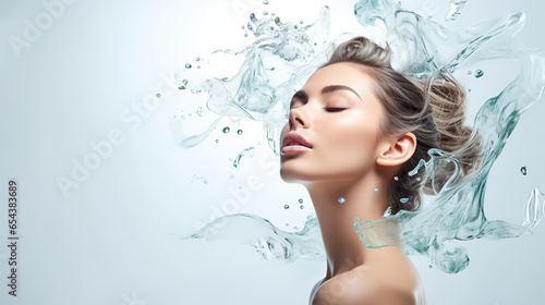 Water, hydration and portrait of a woman with a splash for skincare, wellness and beauty against a white studio background.