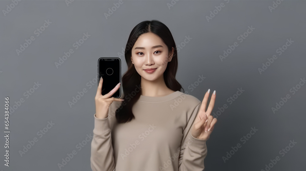 Beautiful Asian woman holding smartphone mockup of blank screen and shows ok.generative ai Beautiful Asian woman holding smartphone mockup of blank screen and shows ok.generative ai