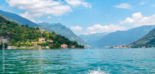 Lake Como, Moltrasio, Italy. View of the shore and buildings. photo