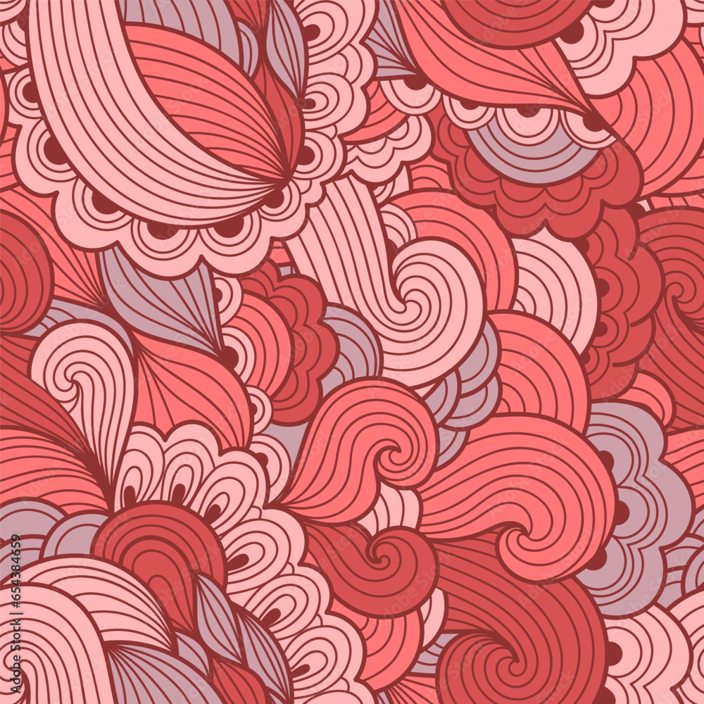 Seamless abstract hand-drawn waves pattern, wavy background. Gorgeous seamless floral pink and red background
