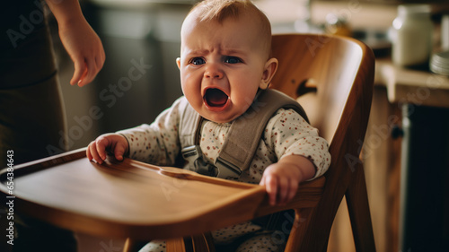 A baby is sitting in a high chair, crying loudly. photo