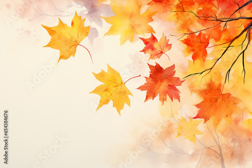 Watercolor painting of Autumn leaves background with space for text. Generative AI image