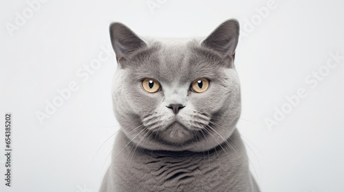 Grey British Shorthair cat head, facing the camera, isolated on a grey background.
