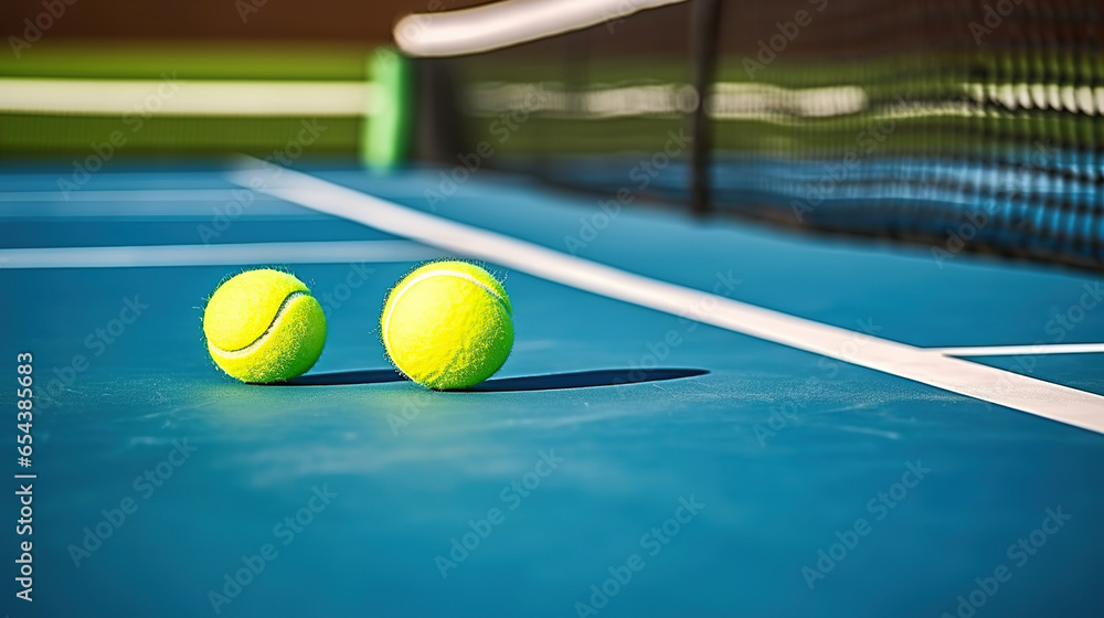Tennis balls and racket on tennis court with white line. Generative AI