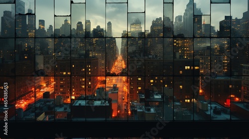 night cityscape reflected in the glass of a skyscraper