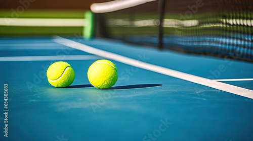 Tennis balls and racket on tennis court with white line. Generative AI