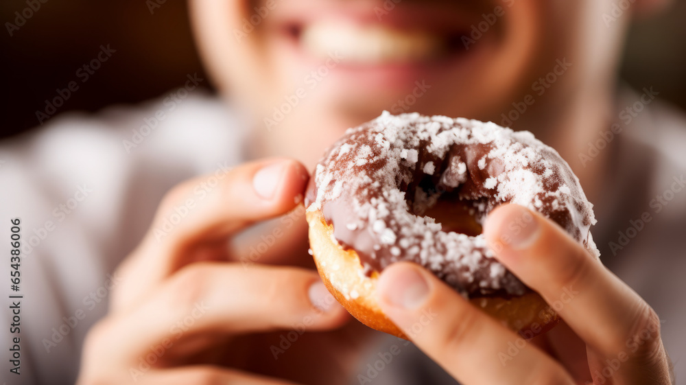 a close-up of a person eating doughnut,biting into a doughnut.generative ai a close-up of a person eating doughnut,biting into a doughnut.generative ai