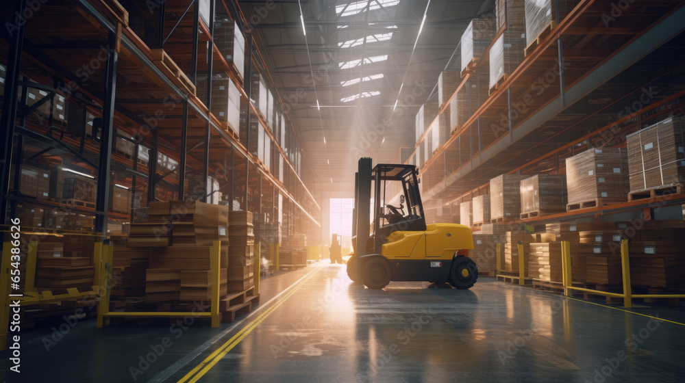 High-tech warehouse as forklifts zip around, ensuring smooth operations High-tech warehouse as forklifts zip around, ensuring smooth operations