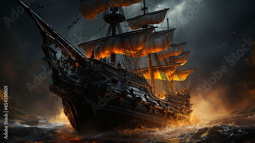 Black pirate ship sailoring on the seas in the night, with fire lights illuminating the boat, Generative AI