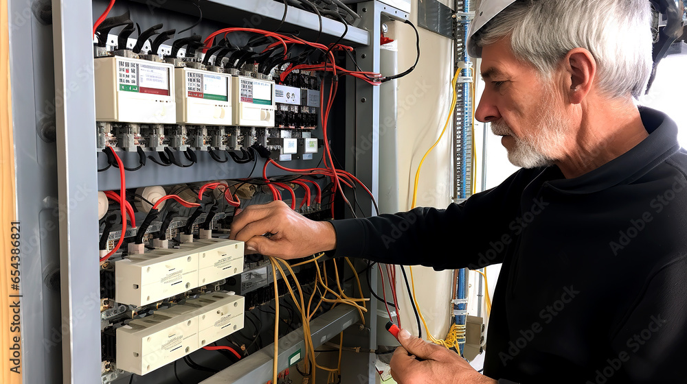 Worker testing quality of electrical installations and wires on relay protection system