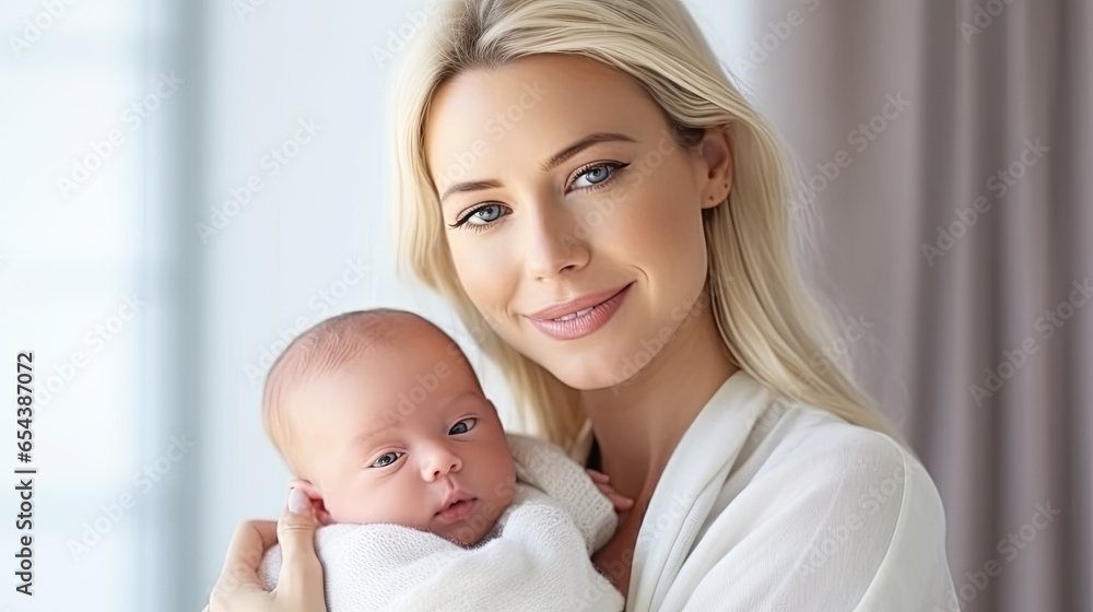 Pretty blonde american woman holding newborn baby in her arms Pretty blonde american woman holding newborn baby in her arms