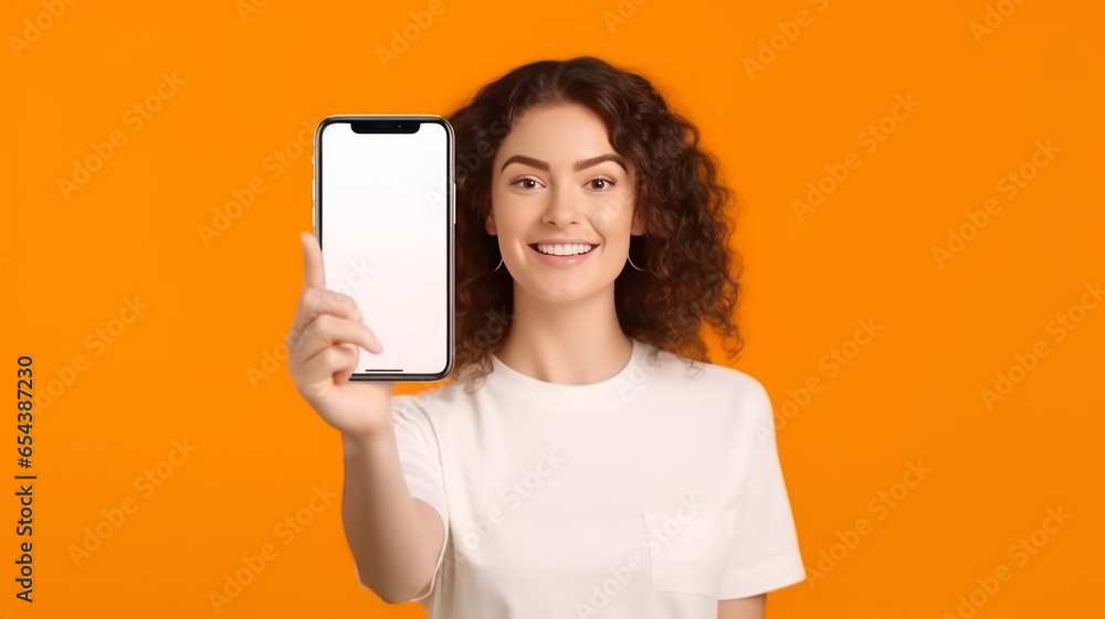 a cute woman Showing Pointing At Empty Smartphone Screen. a cute woman Showing Pointing At Empty Smartphone Screen.