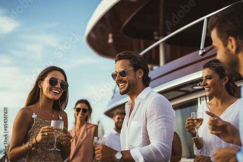 People and lifestyles concept. Beautiful and rich young men and women in luxury party on yacht. Multicultural young adult friends celebrating during summer time. Generative AI
