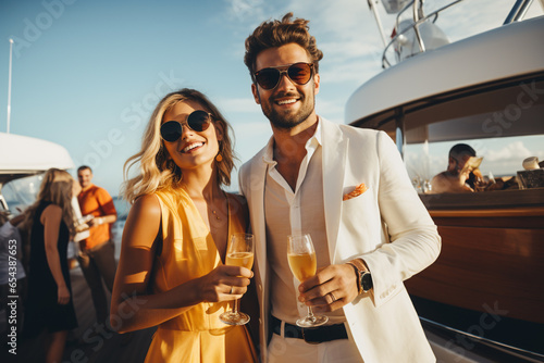 People and lifestyles concept. Beautiful and rich young men and women in luxury party on yacht. Multicultural young adult friends celebrating during summer time. Generative AI © Rytis