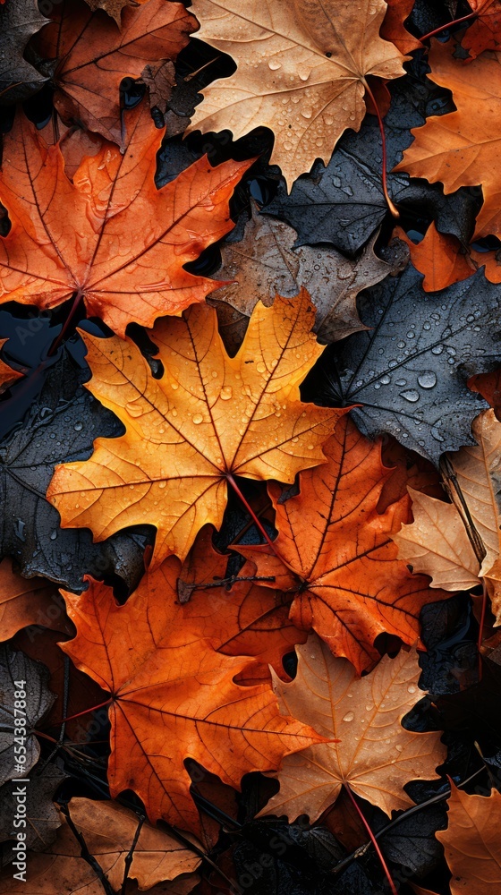 Fototapeta premium Autumn leaves, golden, colorful, brown, background, wallpaper. Generative AI