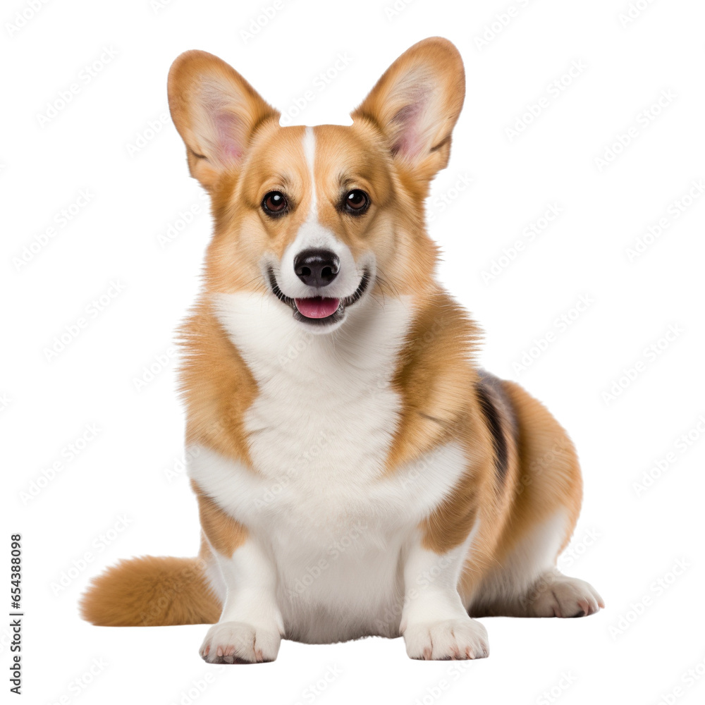 Funny Pembroke Welsh Corgi sitting and looking at camera isolated on white background