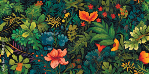 Seamless botanical floral pattern, bright flowers on a dark background, mysterious jungle for textile, wallpaper, pattern fills, covers, surface, print, gift wrap, scrapbooking, decoupage social media