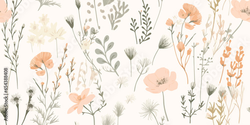 Floral vector seamless pattern with wildflowers, flowers, berries, leaves and twigs. Beautiful hand drawn bouquets in pastel colors in vintage style.