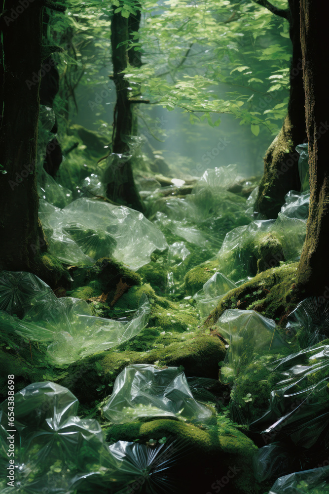 concept art of forest covered in plastic waste anti consumerism capitalism for environment activism Fridays for future climate change in editorial magazine film look