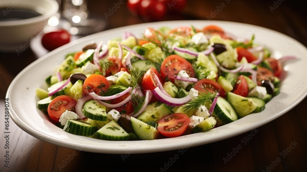 A symphony of flavors is expertly showcased in this Greek salad, with its combination of crisp Romaine lettuce, ripe cherry tomatoes, and crunchy cucumber slices. Further enhanced by the A symphony of flavors is expertly showcased in this Greek salad, with its combination of crisp Romaine lettuce, ripe cherry tomatoes, and crunchy cucumber slices. Further enhanced by the