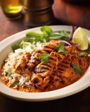 A harmonious combination of tender grilled chicken and a wellrounded curry sauce, boasting a subtle kick of chili, creates a dish that reflects both warmth and depth.