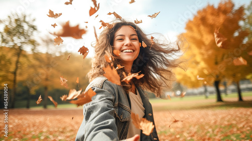 Woman drop leaves in autumn park. Beautiful joyful woman enjoy, having fun at the autumn season at park. Fall season fashion.