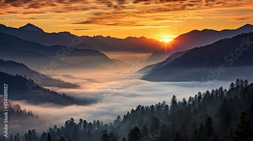 sunrise in the mountains mist fog panorama landscape valley - by generative ai