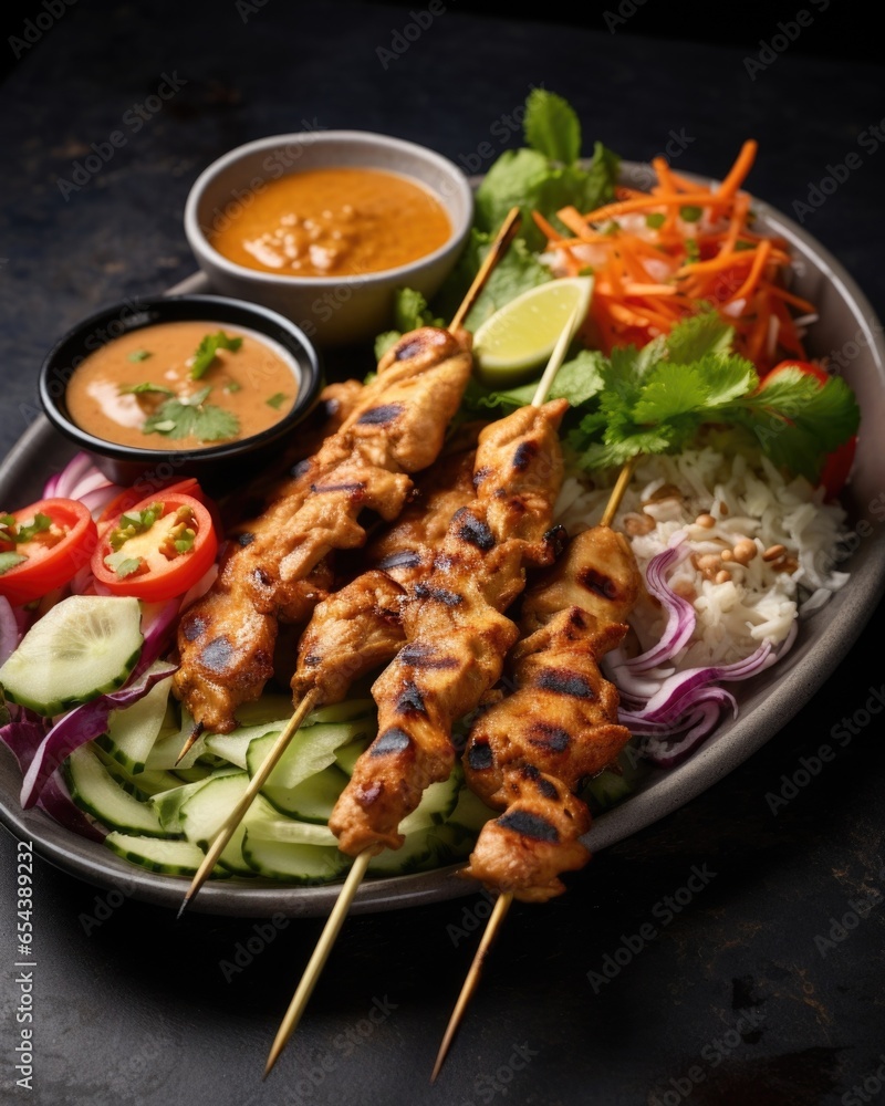 A mouthwatering platter of chicken satay, showcasing moist and juicy pieces of grilled chicken skewered on bamboo sticks. Drizzled with a luscious peanut sauce that blends creamy peanuts,