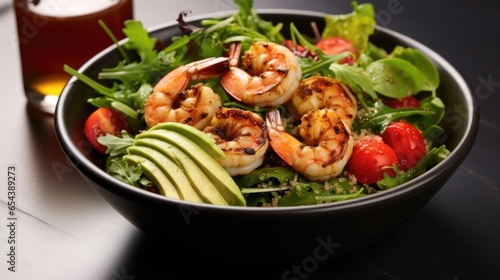 This vibrant salad is a celebration of coastal flavors, combining grilled shrimp, kissed by a delicate smoky char, with the ery richness of ripe avocado, perfectly arranged on a bed of baby