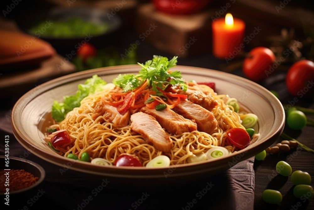 The composition elegantly captures the balance of textures in this dish, with soft and chewy noodles harmonizing with the tender chicken pieces, creating a delightful culinary experience. The composition elegantly captures the balance of textures in this dish, with soft and chewy noodles harmonizing with the tender chicken pieces, creating a delightful culinary experience.