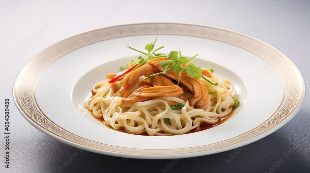 The composition portrays the perfect balance of hearty and light, with the substantial noodles and chicken offset by delicate and crispy bean sprouts, providing an enticing contrast in both