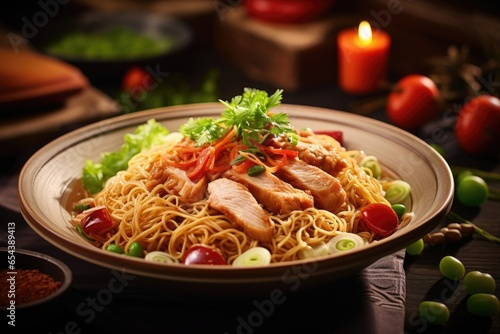 The composition elegantly captures the balance of textures in this dish, with soft and chewy noodles harmonizing with the tender chicken pieces, creating a delightful culinary experience.