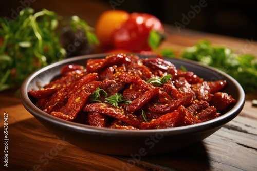Sundried tomatoes, soaked in tangy marinade, deliver an intense burst of umami with each bite. Their concentrated flavor adds a robustness to the overall profile of the salad. photo